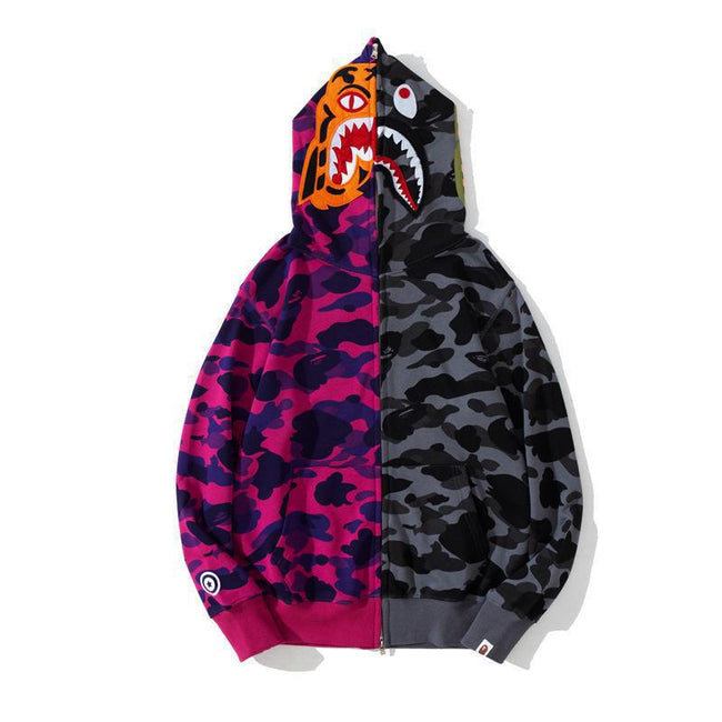 BAPE  Fall Winter Shark Split Purple Black‑Grey Camo Full‑Zip Hoodie Hover Image