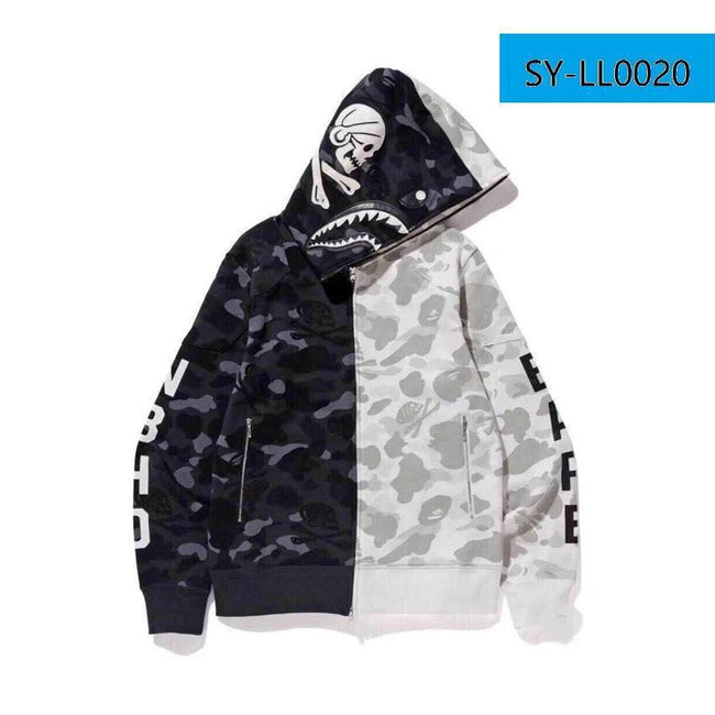 BAPE  Fall Winter Shark Split Black‑White Camo Skull Full‑Zip Hoodie Hover Image