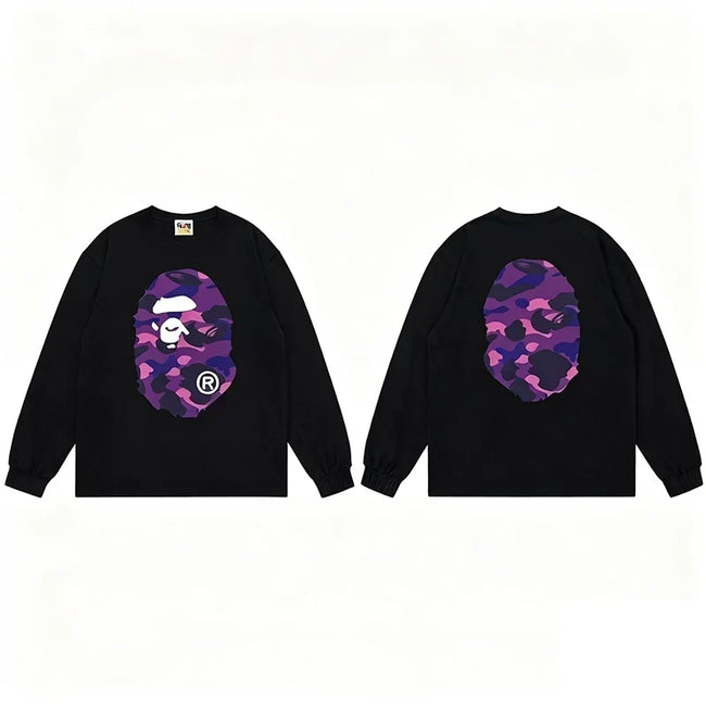 BAPE Style Big Camo Ape Head Long-Sleeve Tee - Black/Purple Hover Image