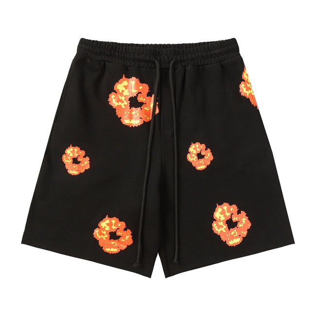 Denim Tears Black Cotton Sweat Shorts With Orange Flower Wreath Print Hover Image