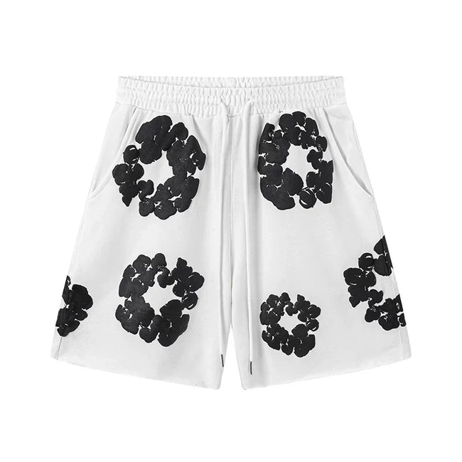 Denim Tears White‑Base Black Cotton Wreath Print Casual Shorts Hover Image