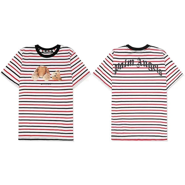 Palm Angels Striped Bear Graphic T-Shirt - Red/White/Black Hover Image