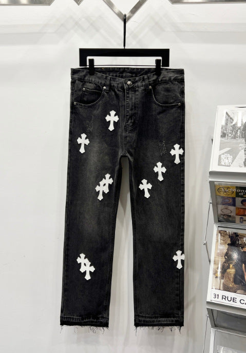 Chrome Hearts Black & White Cross Patch Denim Jeans Hover Image