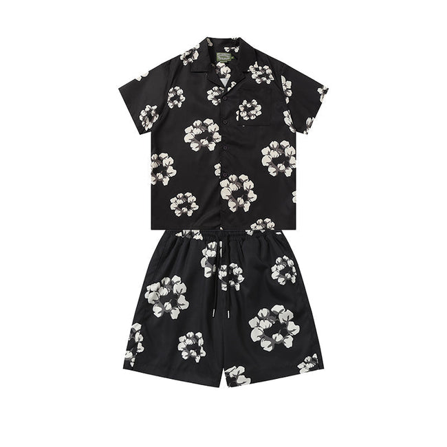 Denim Tears Black White Floral Wreath Print Camp Collar Shirt & Drawstring Shorts Hover Image